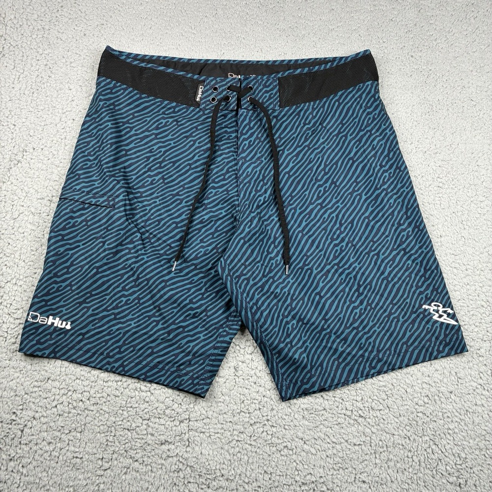 DaHui Board Shorts Men's 34 Blue Black AOP Surf Swim Stretch Performance